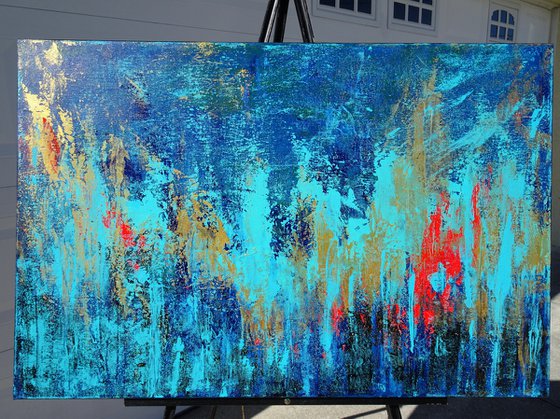 CARIBBEAN. Teal, Blue, Abstract Painting with Texture