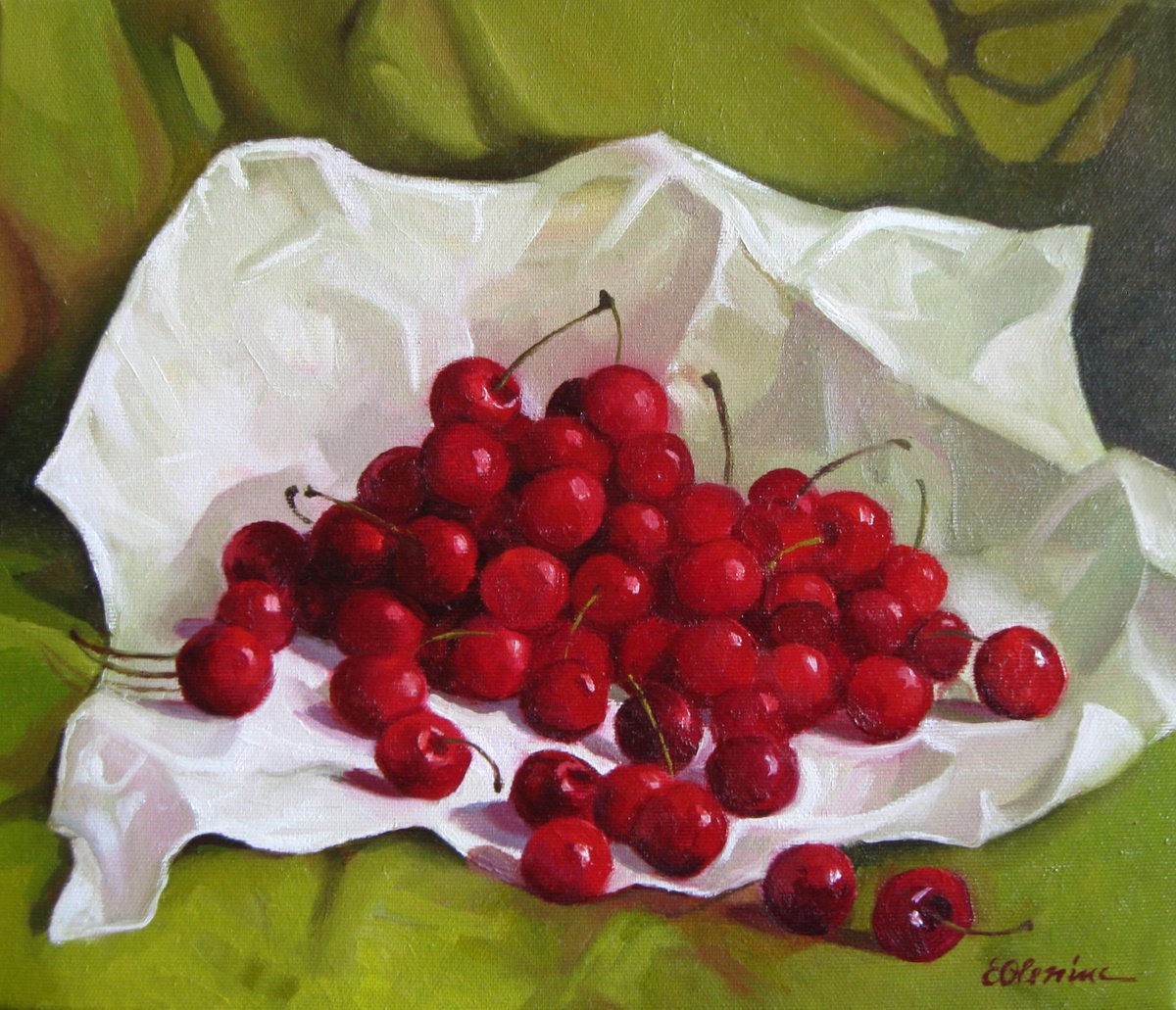 Photorealistic Still Life Oil Painting By Elena Oleniuc, 14 X 12, Summer Cherries, Original Artwork