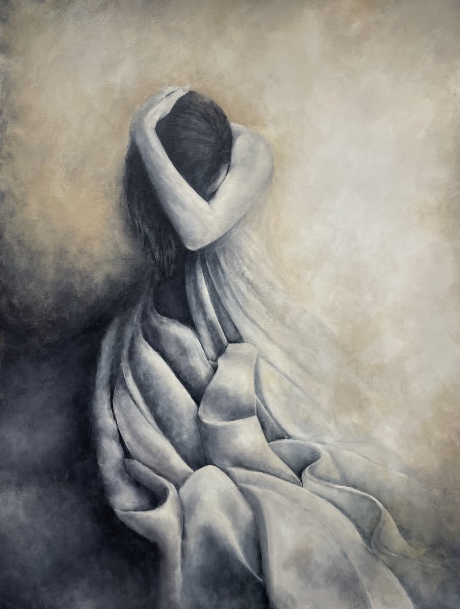 Expressive Portrait Acrylic Painting By Miri Baruch, 35 X 47", Woman In A Dress, Original Artwork