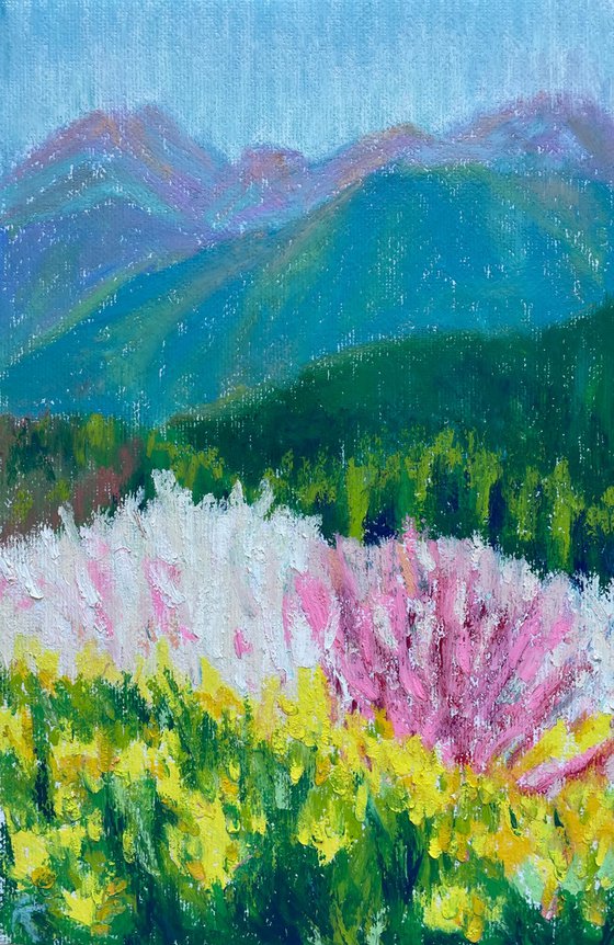 Mountain Original Painting, Flower Oil Pastel Drawing, Sunny Landscape Artwork, Nature Wall Art