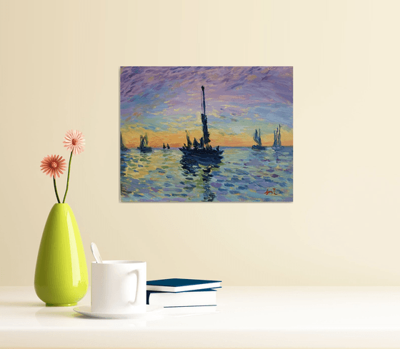 Sunset  at sea With Boats. Original Impressionist Oil Painting.