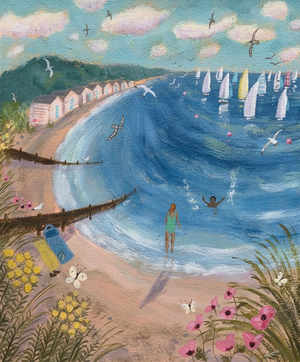 Naive Landscape Acrylic Painting By Mary Stubberfield, 11 X 13", Regatta Day, Original Artwork