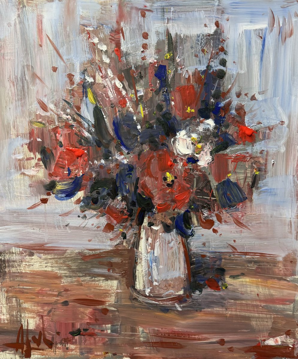 Abstract Acrylic Painting By Altin Furxhi, 21 X 26, Flowers 54X67, Original Artwork