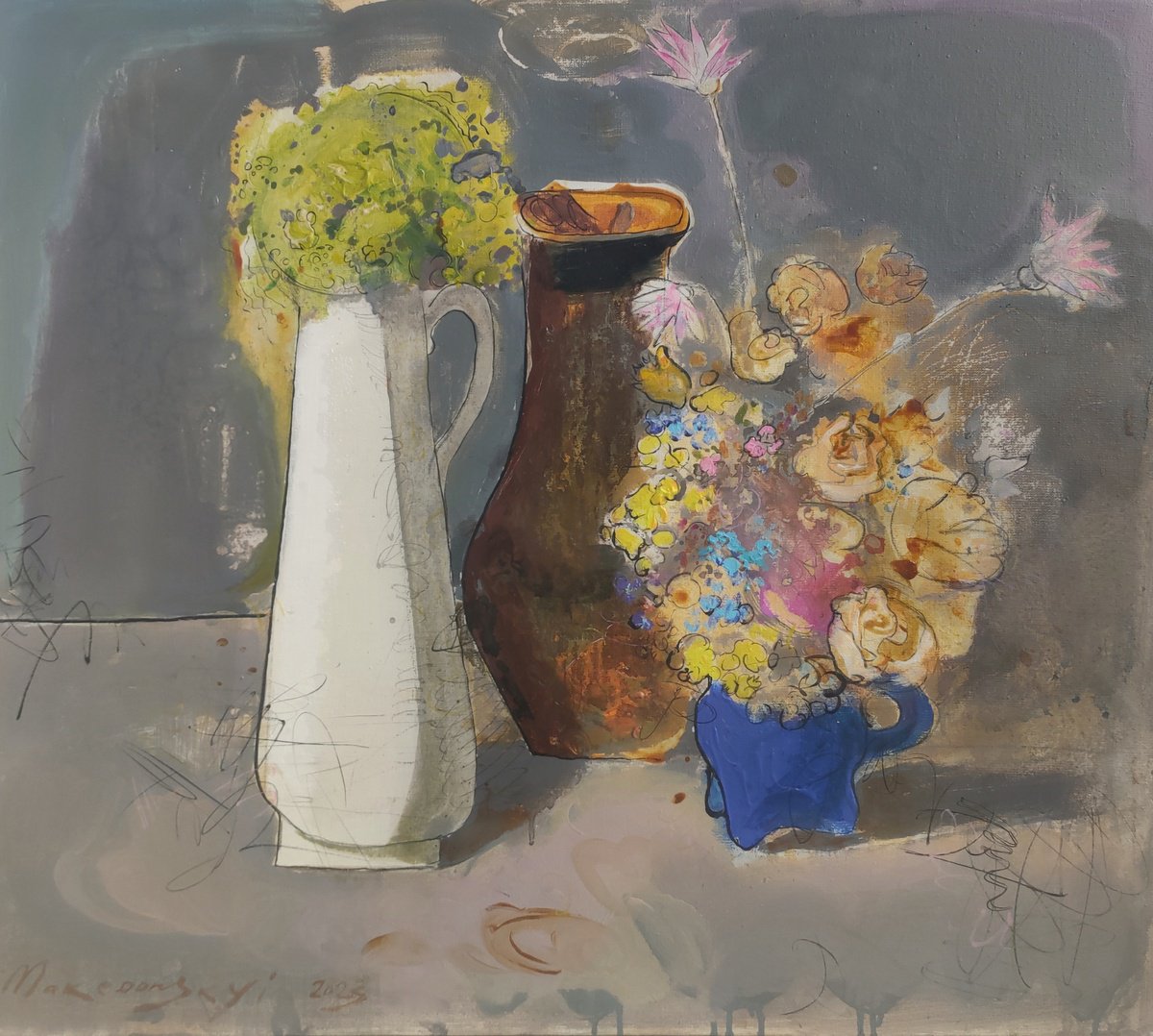 Impressionistic Landscape Acrylic Painting By Pavlo Makedonskyi, 32 X 29", Still Life With Immortelle, Original Artwork