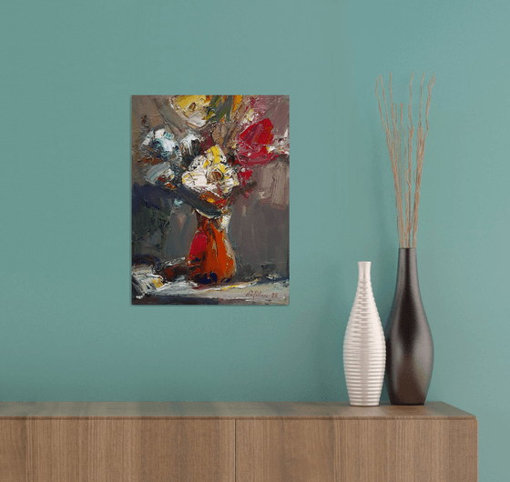 Flowers in vase (30x40cm, oil painting, palette knife)