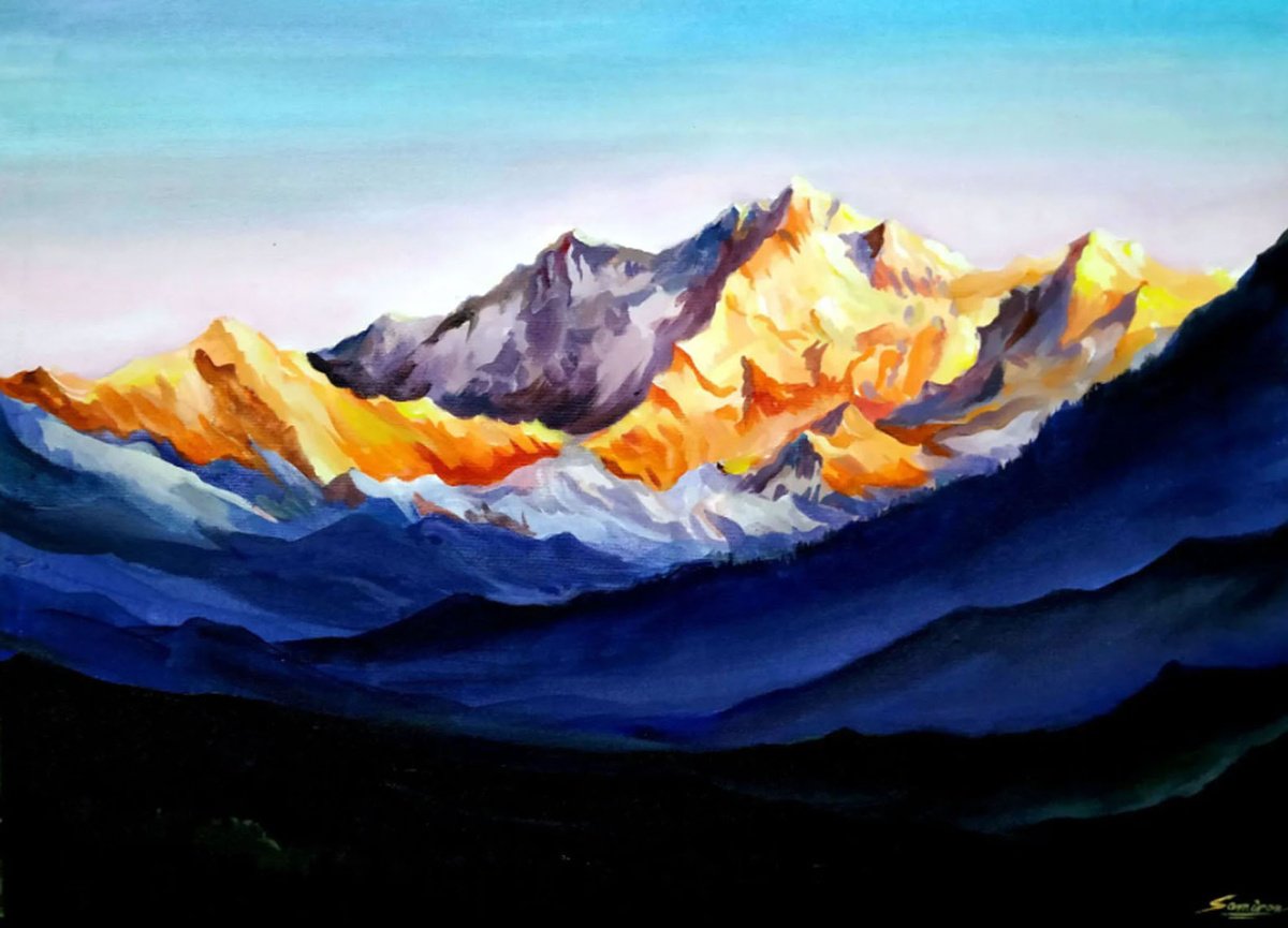 Impressionistic Landscape Acrylic Painting By Samiran Sarkar, 27 X 20", Golden Sunrise On Kanchenjunga, Original Artwork