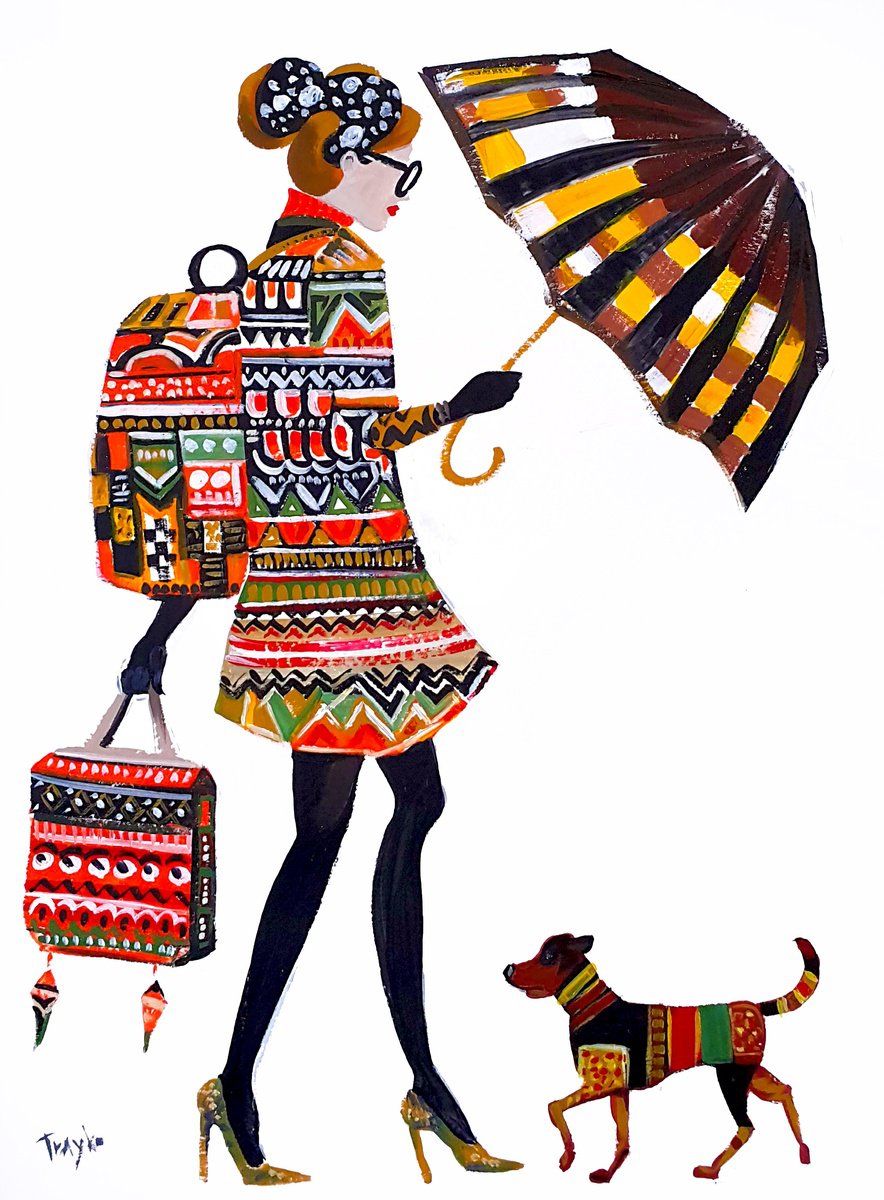 Abstract Portrait Acrylic Painting By Trayko Popov, 22 X 30", Golden Steps And Dreams, Original Artwork