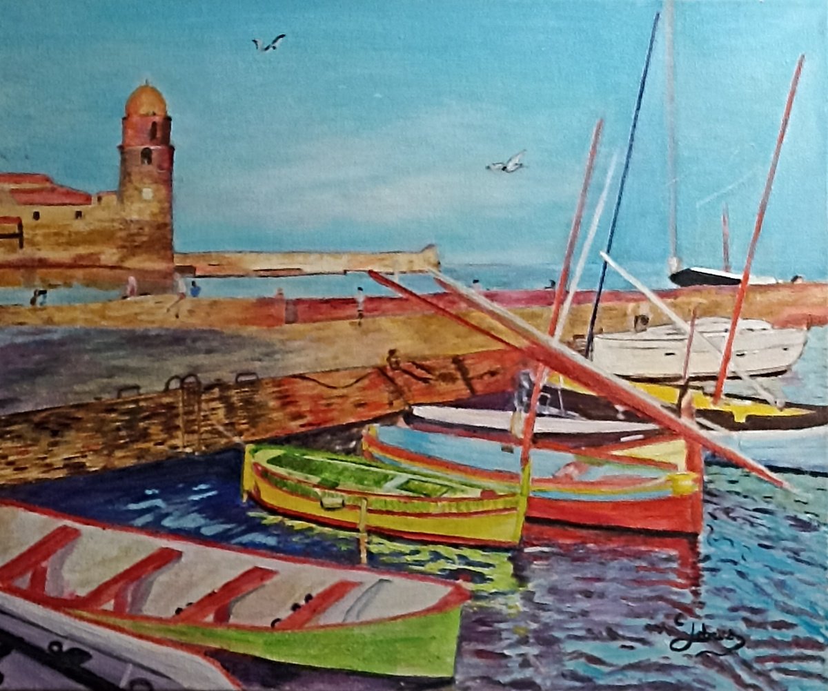 Impressionistic Landscape Oil Painting By Isabelle Lucas, 18 X 15, Colored Boat, Original Artwork