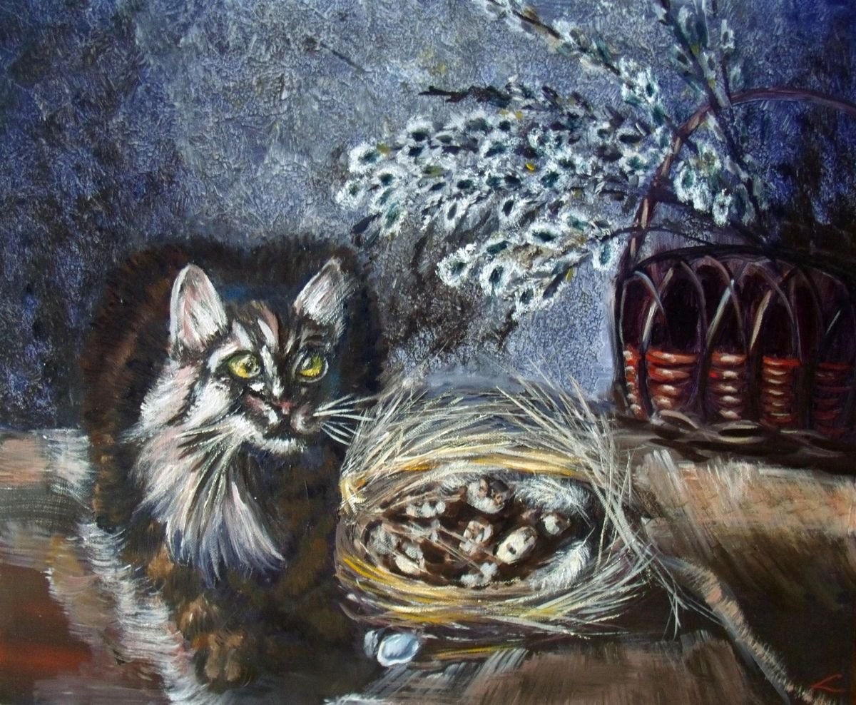 Impressionistic Animal Oil Painting By Elena Sokolova, 24 X 20, Easter Cat, Original Artwork