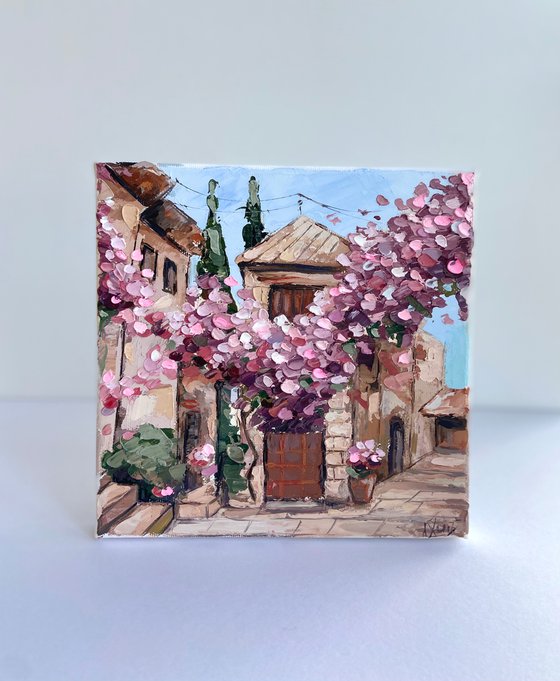 Romantic street flowers painting on canvas 18x18mini art impasto oil