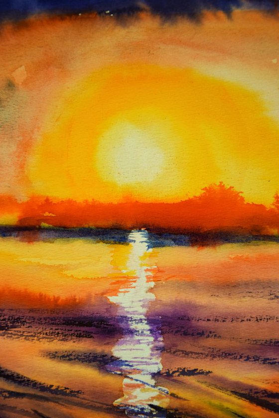 Sunset seascape original watercolor painting, coastal home decor