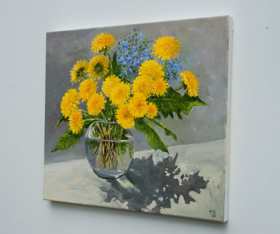 Yellow dandelions. Oil painting. Floral still life. Original Art. 12 x 14