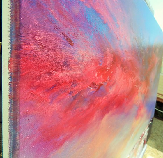 " Ruby Sunset" pink, gold, blue abstract seascape oil  painting