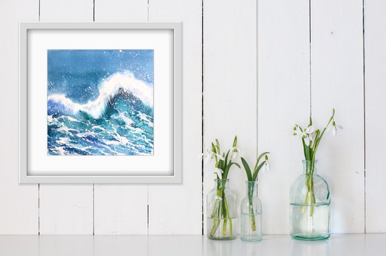 Sea wave with splashes and drops. Original watercolor artwork.