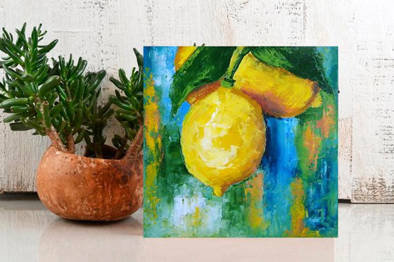 Lemon Painting Original Art Fruit Artwork Citrus Wall Art Small Square Kitchen Decor