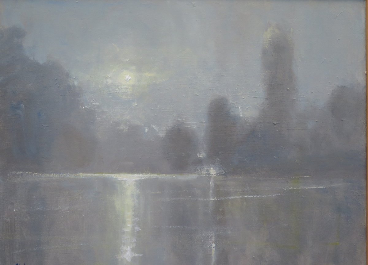 Impressionistic Landscape Oil Painting By Malcolm Ludvigsen, 27 X 22", Moonlight On The Ouse, Original Artwork