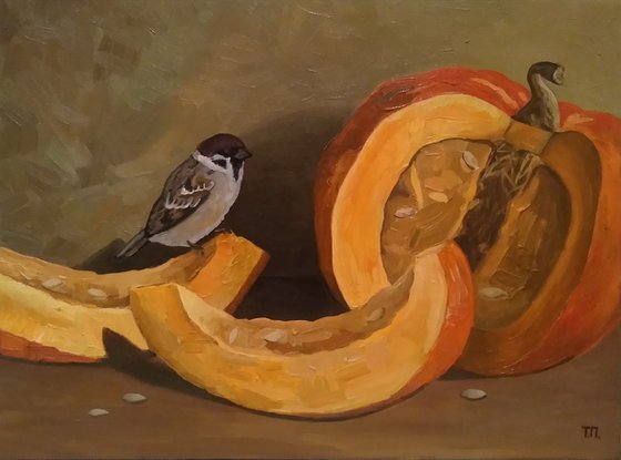 Still life with a sparrow and a pumpkin.