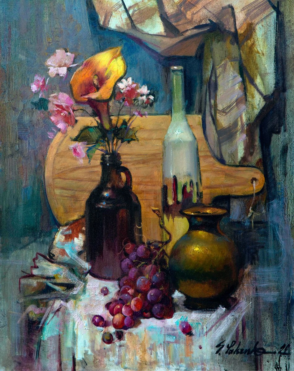 Impressionistic Still Life Oil Painting By Sergei Yatsenko, 22 X 28", Still Life With Grapes, Original Artwork