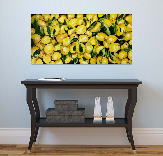 Lemons, oil painting, still life. Palette knife painting on canvas. Size 112x56 cm.