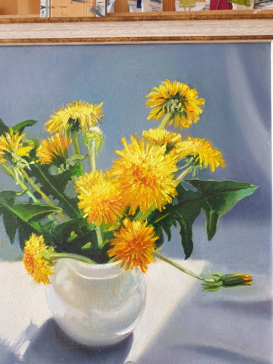 "Bouquet from a young gentleman. "  still life summer  dandelion   white liGHt original painting  GIFT (2021)