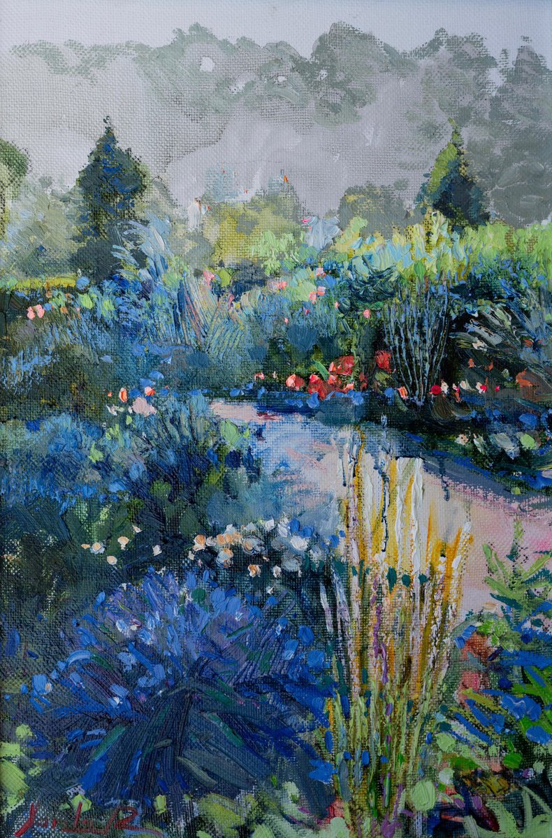 Impressionistic Landscape Oil Painting By Khanlar Asadullayev, 16 X 24", Garden Reflections, Original Artwork