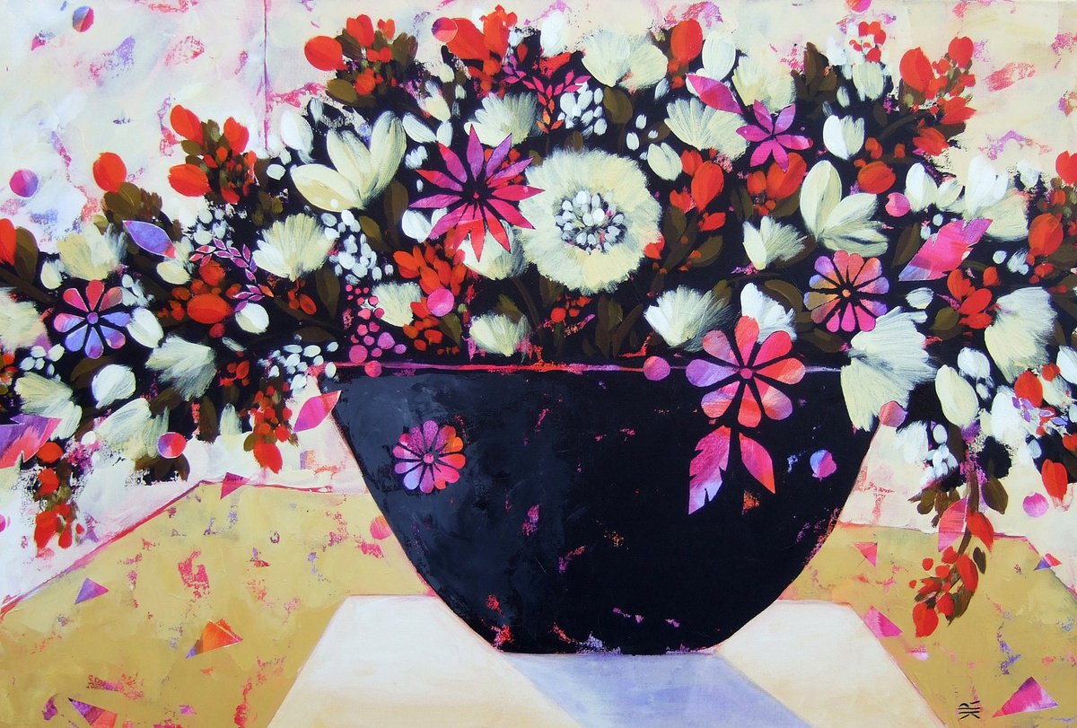 Impressionistic Botanical Acrylic Painting By Karen Rieger, 36 X 24", Spring Blooms, Original Artwork