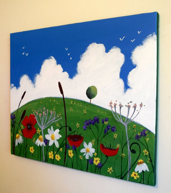 original painting on canvas hand made flowers english countryside abstract landscape butterfly floral flower artwork painting art canvas - 16 x 20 inches canvas