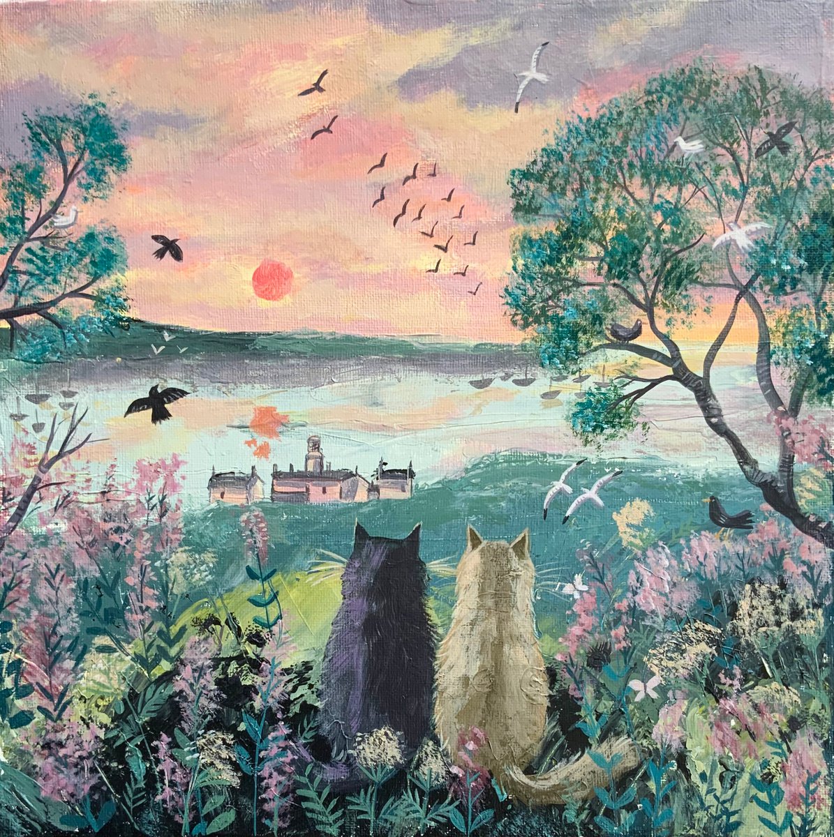 Impressionistic Animal Acrylic Painting By Mary Stubberfield, 12 X 12", Coastal Cats, Original Artwork