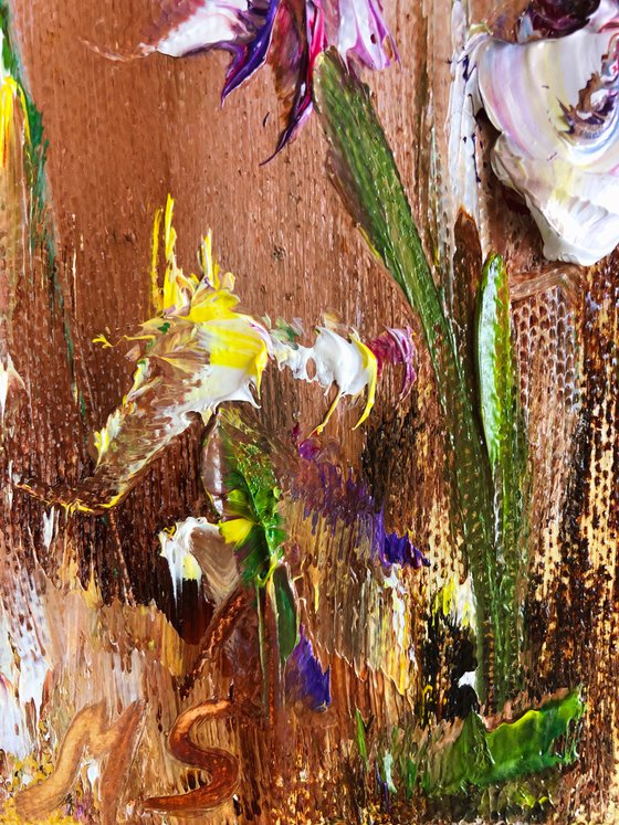 THE MOOD OF THE IRIS - Triptyh. Irises. Flowers. Gift. Lilac color. Bouquet. Garden. Garden flowers. Field irises. Mini-art. Quick painting. The best solution. Gift painting. Postcard. Season. Holidays.