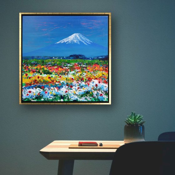 Fuji Mountain in Japan Acrylic Painting on Canvas, Spring Blossom Landscape Painting, Japanese Scenery, Flowers and Floral Painting, Japan Landscape