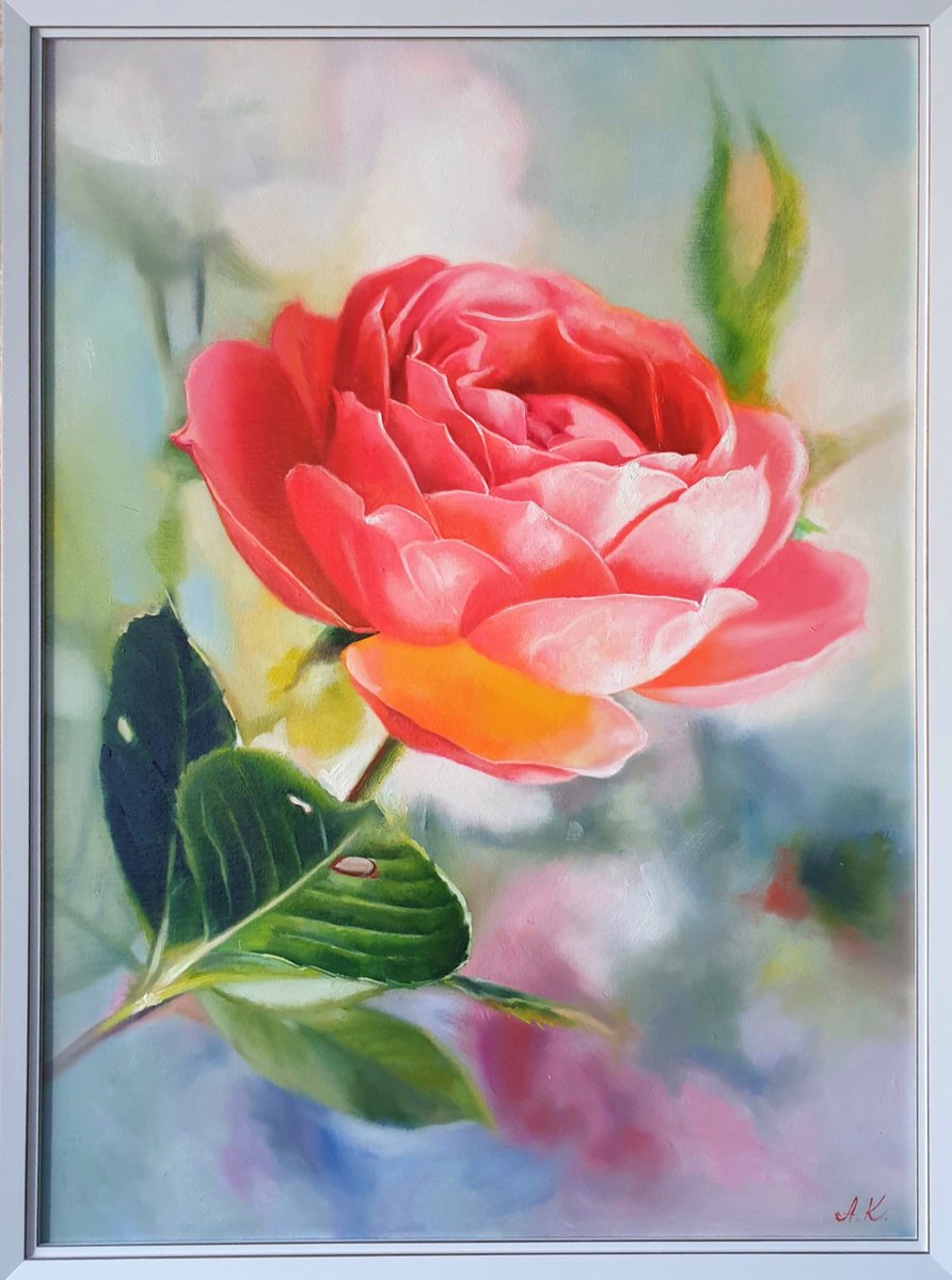 In the morning in the garden. rose red flower liGHt original painting GIFT (221) by Anna Bessonova (Kotelnik)