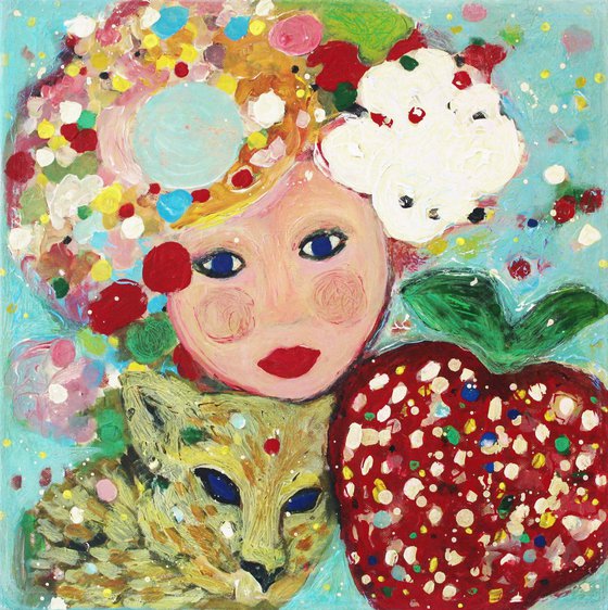 Girl with young leopard and strawberry