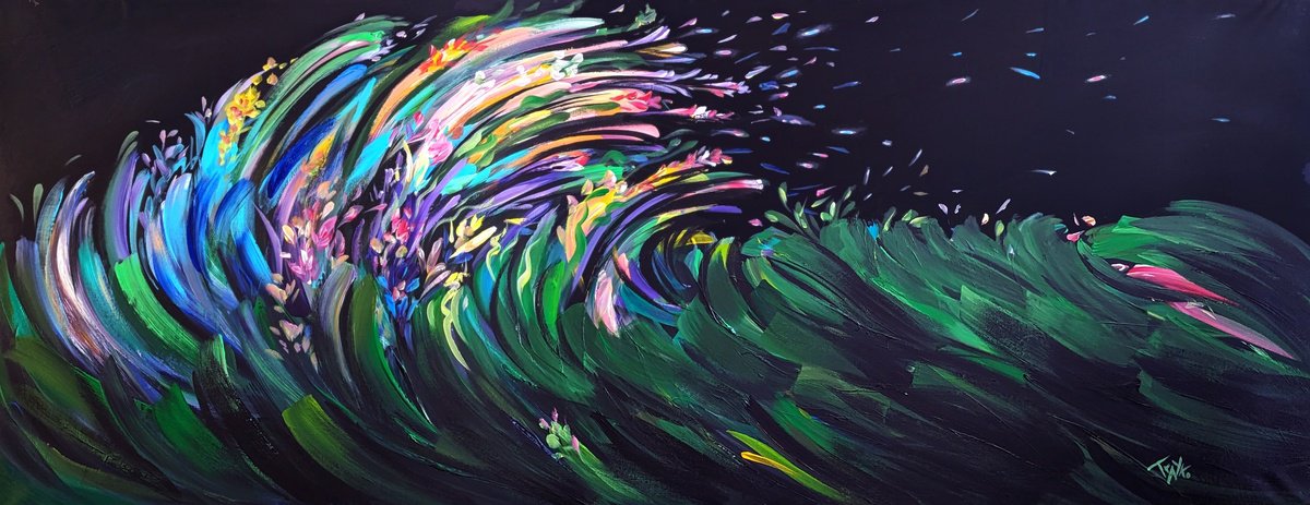 Abstract Botanical Acrylic Painting By Trayko Popov, 67 X 28", Summer Night, Original Artwork