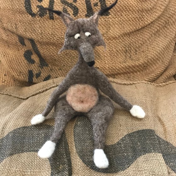 Wolf in white socks, felted wool creature, Les Loufoques series,