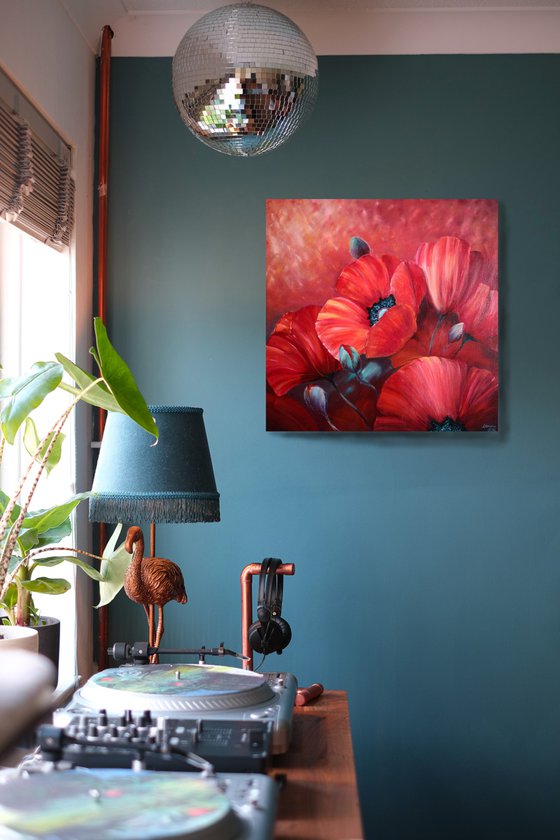 Poppies - oil painting, original gift, home decor, Flowering, Spring, Leaves, Red, Sexy, poster, Bedroom, Living Room