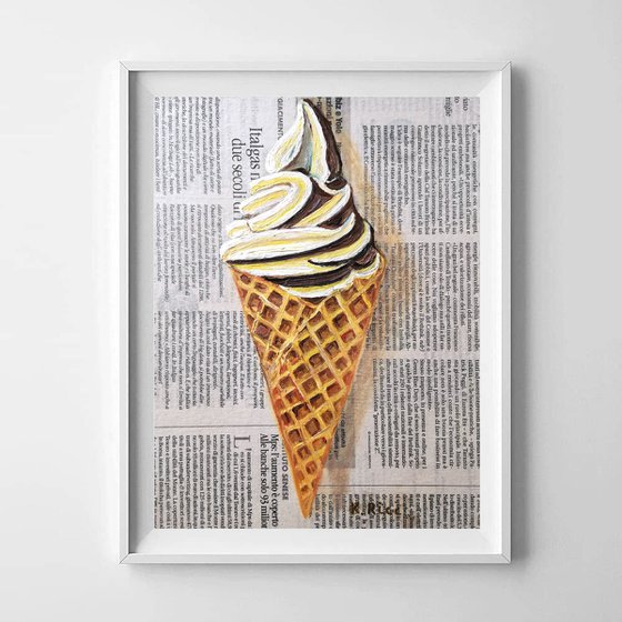 "Ice Cream on Newspaper " Original Oil on Canvas Board Painting 7 by 10 inches (18x24 cm)