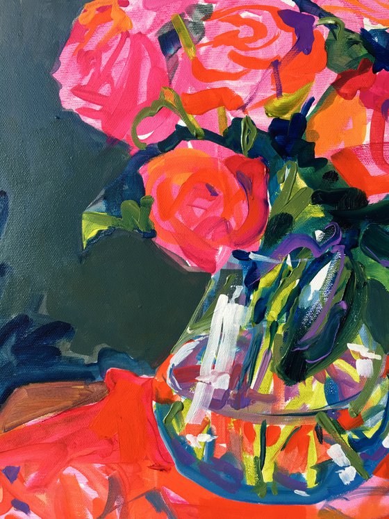 Red Roses in Glass Vase