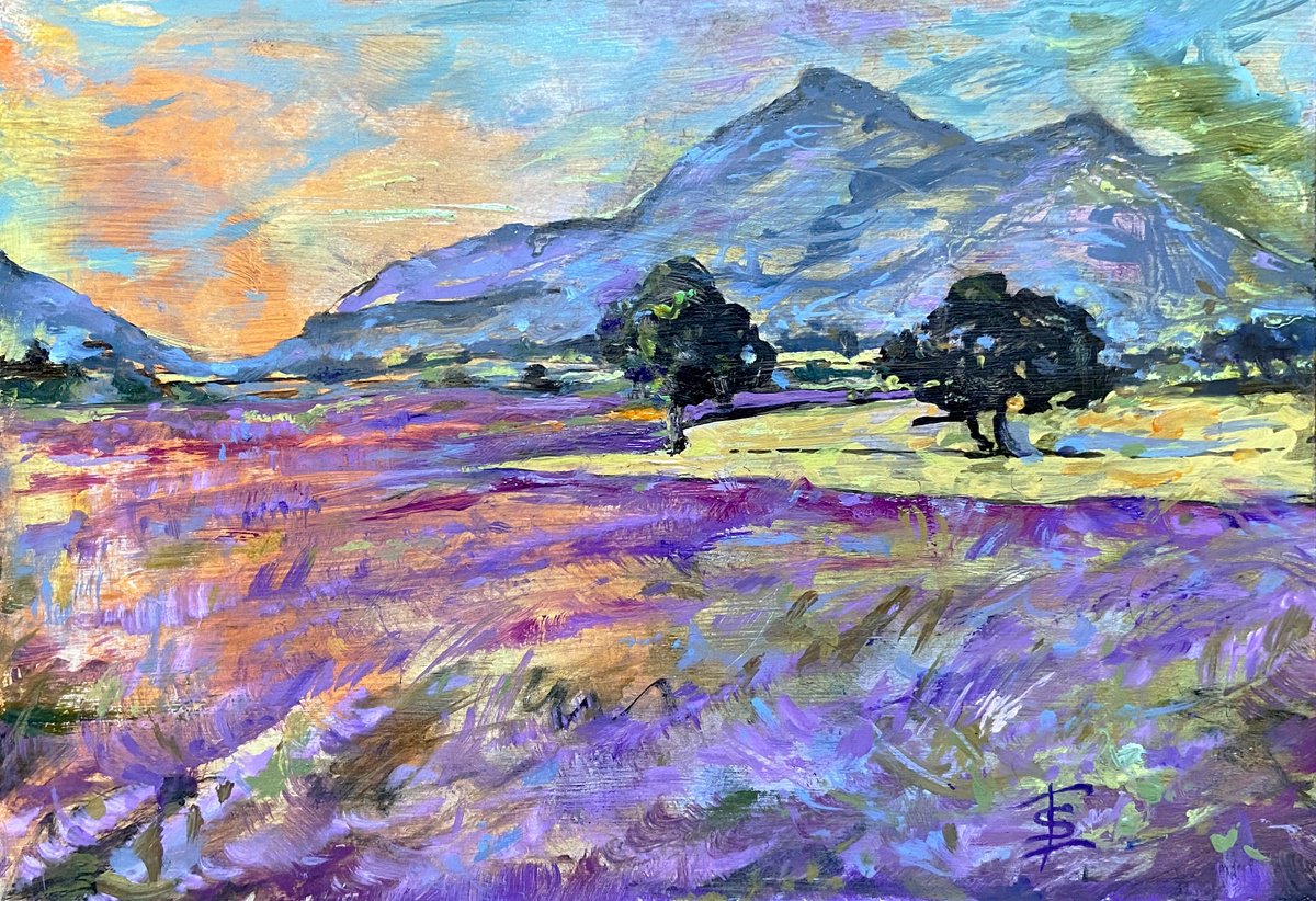 Impressionistic Landscape Oil Painting By Elvira Sesenina, 10 X 7, Lavender Sunset, Original Artwork