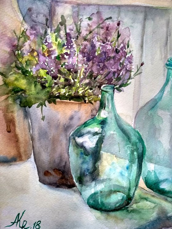 Green bottles still life, 30x40 cm.