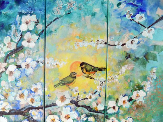 Singing of Spring - three pieces canvas, triptych, painting