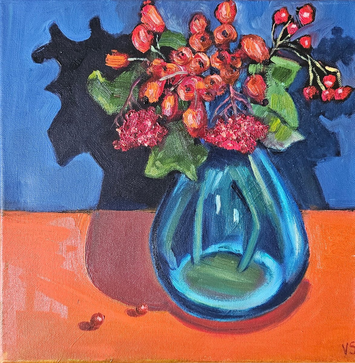 Expressive Botanical Oil Painting By Vera Stein, 12 X 12", Stilllife With Rosehip, Original Artwork