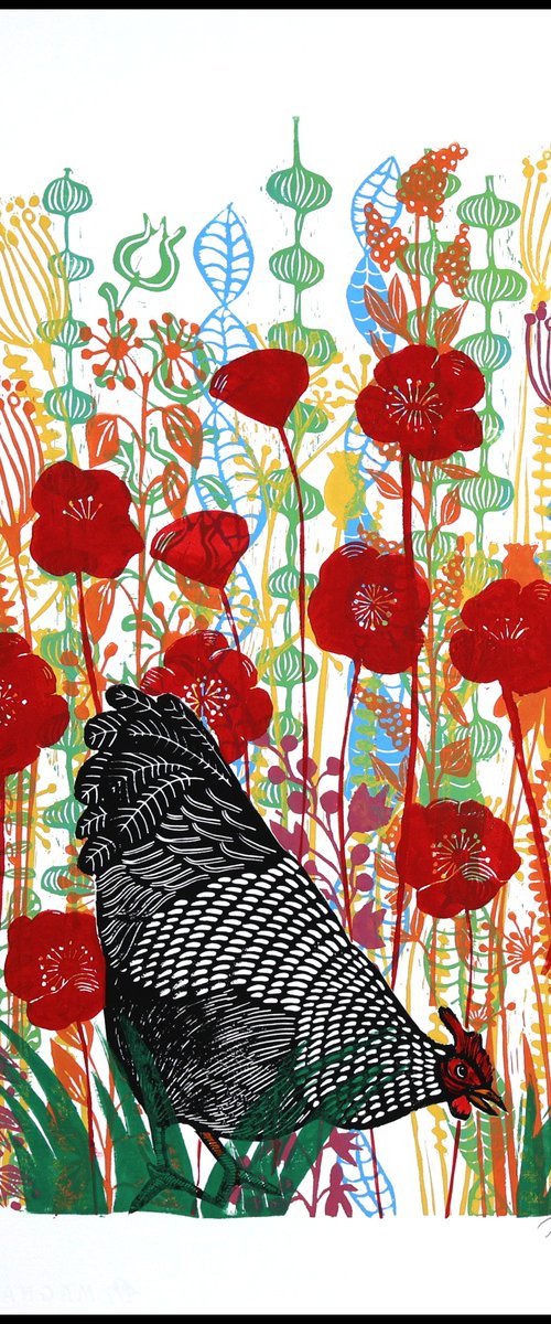 Black hen in the Poppies by Mariann Johansen-Ellis