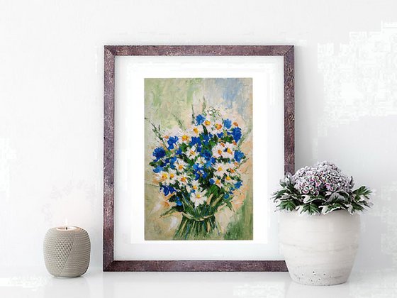 Wildflowers Bouquet Painting Daisy Artwork Forget-me-Nots Wall Art