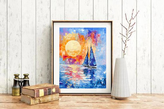 Sailboat Painting Bright Sunset Art Seascape