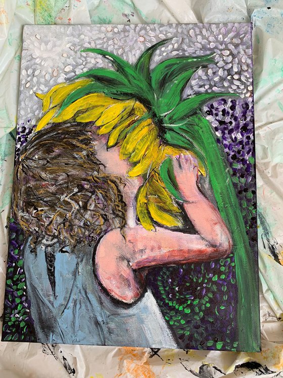 Sunflower Girl Painting of Girl with Sunflower Art Original Painting Ready to Hang Canvas Artwork for Sale Free Delivery 30x40cm