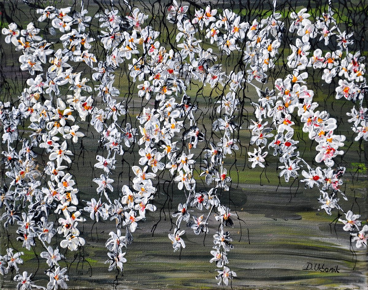 Impressionistic Landscape Acrylic Painting By Daniel Urbani?k, 12 X 9, White Cherries 1, Original Artwork