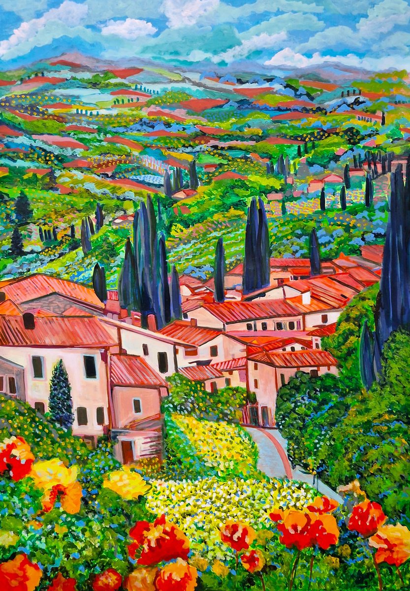Impressionistic Landscape Acrylic Painting By Alexandra Djokic, 28 X 39, Landscape Of Tuscany, Original Artwork