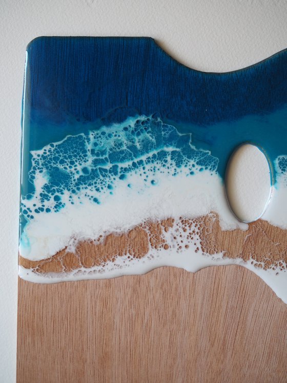 Rectangular artist palette with sea #1 - original resin artwork on wood artist tool