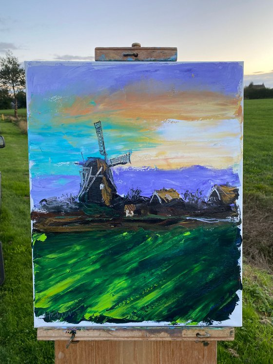 Windmill at sunset. Plein Air