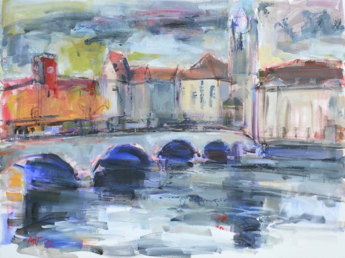 Impressionistic Cityscapes Acrylic Painting By Nelina Trubach-Moshnikova, 31 X 24", The Bridge ( Zurich), Original Artwork